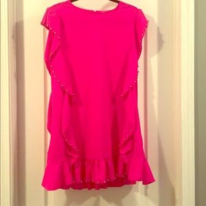 Hot pink dress with silver beads.